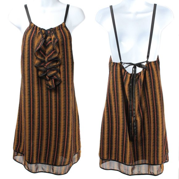BCBGENERATION Brown & Black Striped Pattern Ruffle Low Open Back Dress Size M - Picture 1 of 4